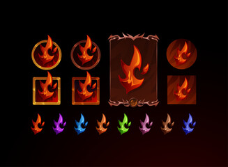set of button, icon skill, and card fantasy game of fire flame elements in red and various color variations