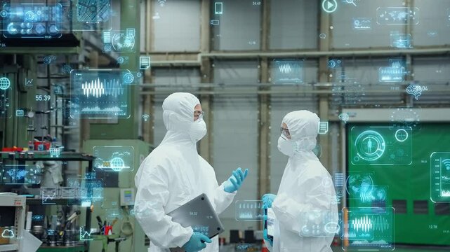 Group of workers in protective clothing talking in factory and digital technology concept - Powered by Adobe