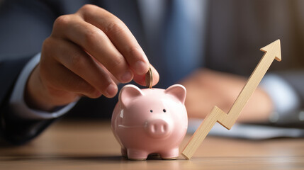 Businessman hand on piggy bank with growth up arrow, saving money wealth and financial concept, Business, finance, investment, Financial planning. Interest rate financial. Investment returns.