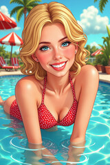 Woman in a red bikini is smiling and laying in a pool. Scene is lighthearted and fun