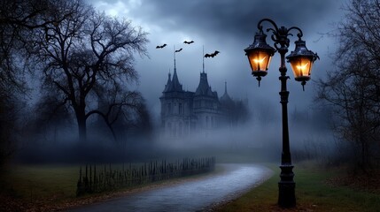 Gothic Castle in Foggy Park with Glowing Lantern and Bats at Night
