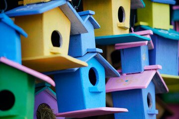 Colorful Birdhouses in a Vibrant Display for Garden Decor Inspiration