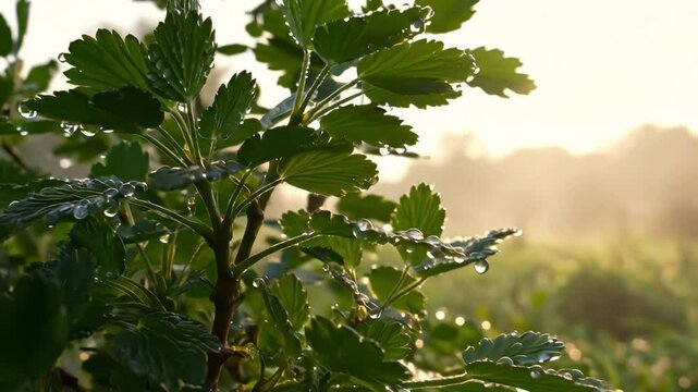 amalaki plant - Close-up of dew-covered green leaves in a sunlit field, showcasing nature's beauty at dawn with a soft, blurred background of a lush landscape