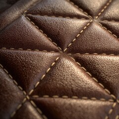 Naklejka premium Close-up of rich brown leather with a quilted, diamond-stitched pattern. The texture is prominent, showcasing the leather's grain and the subtle light catching the stitching