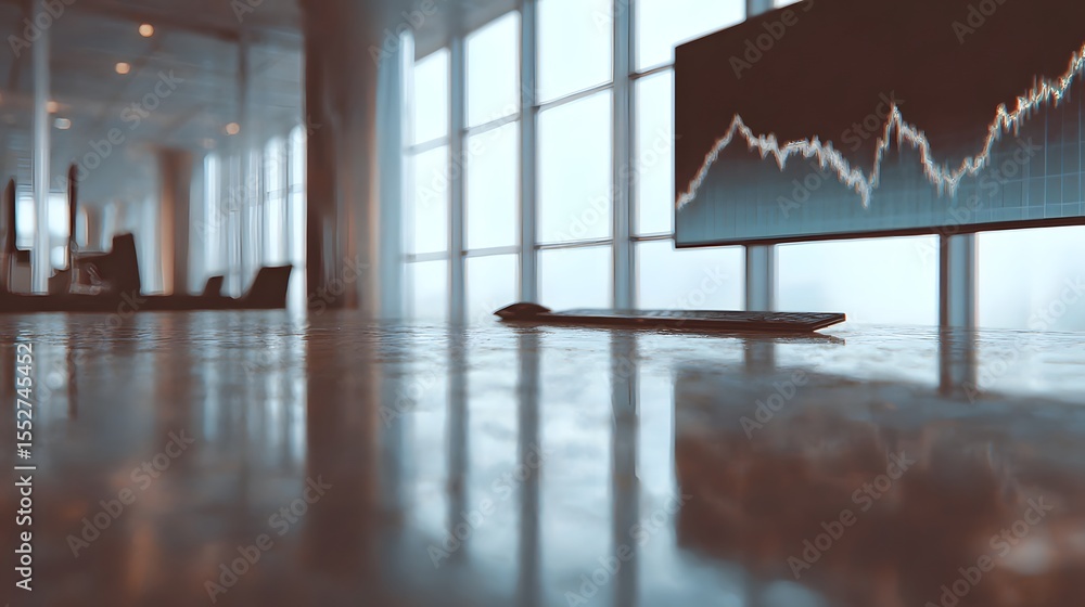 Poster crashing economic indicators displayed on screens in an office setting