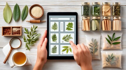 Top-down view of herbs, spices, and tablet with gardening visuals displayed