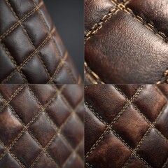 Close-up quartet showcasing brown leather with diamond quilting and contrasting thread stitching; textures and details emphasized