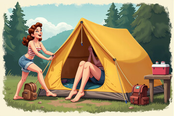 Two women are setting up a yellow tent in a forest. One of them is pulling the tent poles while the other is sitting inside the tent. Scene is lighthearted and fun