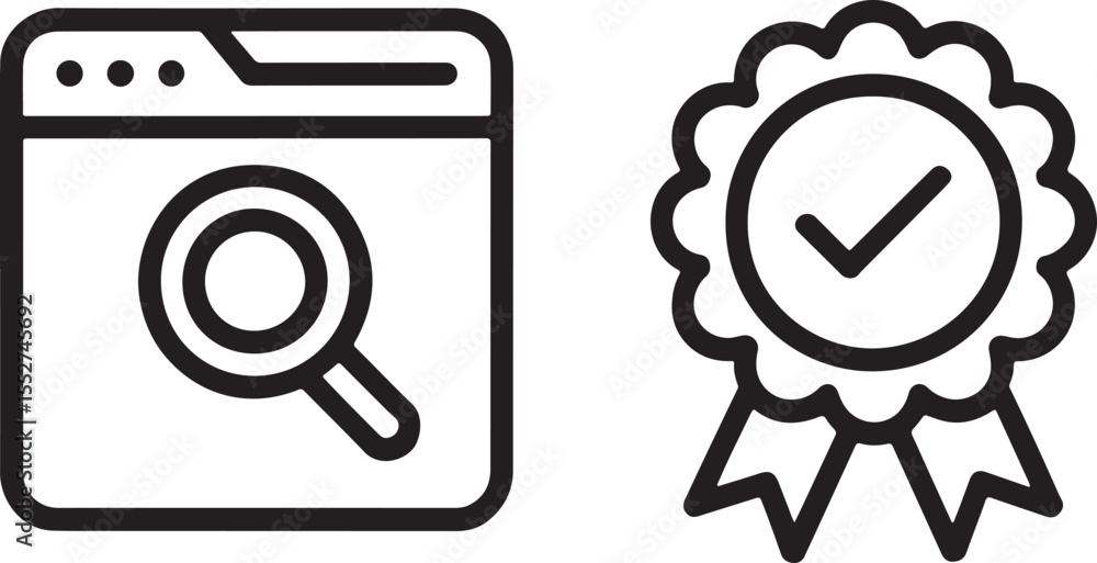 Poster website search and quality assurance icons representing online exploration and reliability depicting