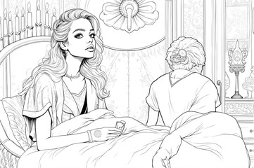 Woman is laying in bed with a child. The woman is holding a small object in her hand