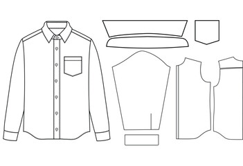 Men long sleeves shirt flat sketch vector illustration templet drawing mock up design