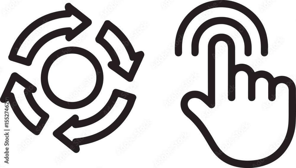 Poster circular arrows and finger icon displaying technology and interactivity black and white for website 
