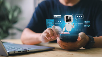 AI chatbot assistant interface with robot floating above smartphone screen, digital speech bubbles and blue futuristic background. Concept of smart customer service.