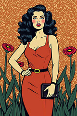 Woman in a red dress is holding a book