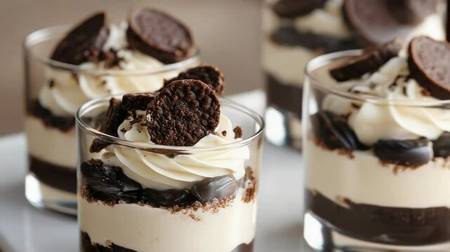 Decadent chocolate cookie dessert in glass with whipped cream garnish