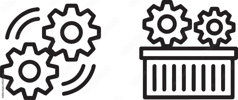Poster line art illustration of gears and a container depicting processes and optimization in business or e