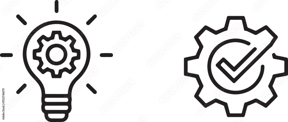 Poster line art icons representing ideas and solutions, featuring a lightbulb with gears and a gear with a 