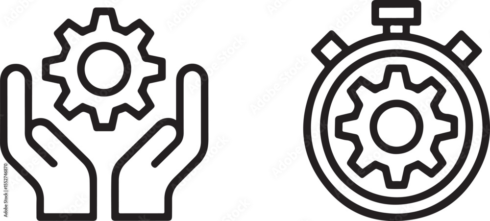 Poster iconic time and efficiency enhancements depicted through hand and stopwatch with gear symbolizing ef