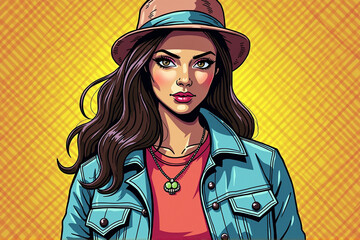 Woman wearing a blue jacket and a hat. She is wearing a necklace and has a red shirt