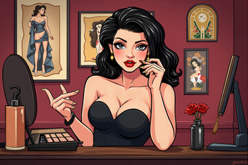 Woman is sitting at a desk with a bottle of perfume and a bottle of lotion. She is wearing a black dress and is talking on the phone. The room has a vintage feel with a clock on the wall