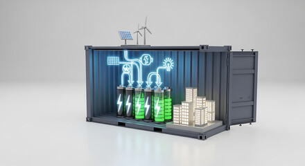 Green energy container powering, renewable sources, in a clean environment, sustainable solution, innovation concept