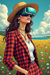 Woman wearing a hat and a plaid jacket stands in a field of flowers. She is wearing a virtual reality headset