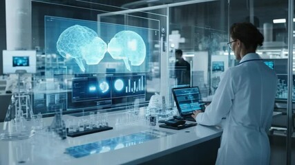 Scientist analyzing holographic data in futuristic lab environment with digital interface - Powered by Adobe