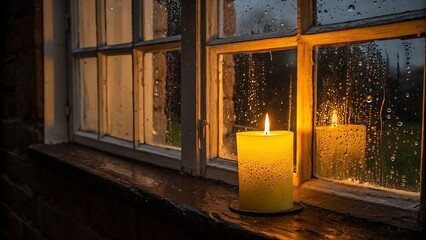 Yellow Candlelight Reflecting in Rainy Window at Night 
