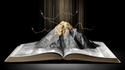 Open book with 3D textured mountain emerging, golden peak contrasting dark rocky base, golden fluctuating graph above, blending literature and data visualization.