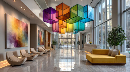 "Explore how a colorful geometric glass hanging sculpture adds vibrant elegance and modern flair to contemporary interior design spaces."
