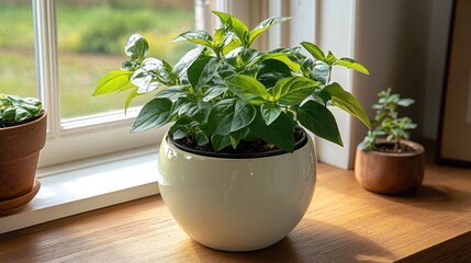 Fototapeta premium Lush basil plant in pot with windowsill.