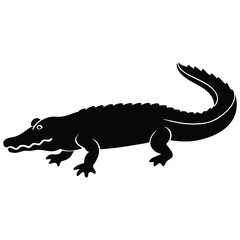 Black Silhouette Of A Wild Crocodile On White Background