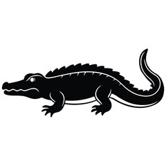 Black Silhouette Of A Wild Crocodile On White Background