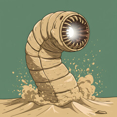 A giant sandworm emerges from the desert with a glowing mouth, kicking up sand. The creature is beige with black outlines.