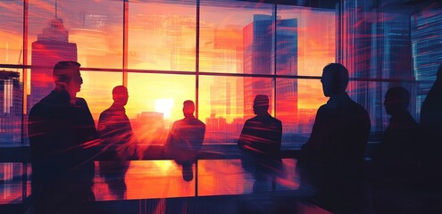 Urban Sunset Meeting: Silhouettes of Businesspeople in a Modern Office