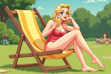Cartoon woman is sitting in a lawn chair with a glass of orange juice. She is smiling and she is enjoying her time
