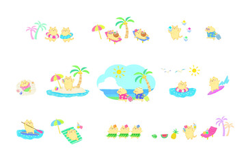 夏リゾートを楽しむ猫達のかわいい水彩イラストセット
