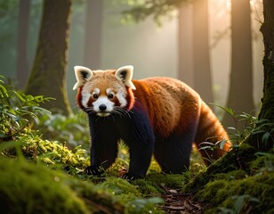 Fototapeta premium Red Panda Through a Cool, Moist Forest at Sunrise.
