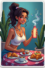 Woman is sitting at a table with a bottle of water and a cup of coffee. She is smiling and she is enjoying her meal