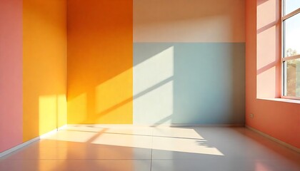 Pastel geometric wall in bright, modern art gallery, multi colored wall in a room, Modern art gallery with colorful abstract panels in sunlit room, created with generative ai