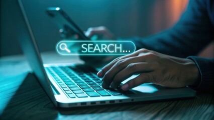 Obraz premium Person using a laptop and smartphone with a glowing search bar overlay