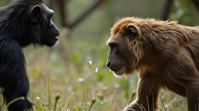 Chimpanzee Facing Feline Predator in Wild Habitat