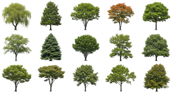 Collection of diverse deciduous and coniferous trees with lush green foliage isolated on transparent background