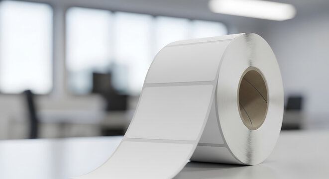 Blank label roll, on a white table, in a bright office, for inventory management, product labeling, business efficiency