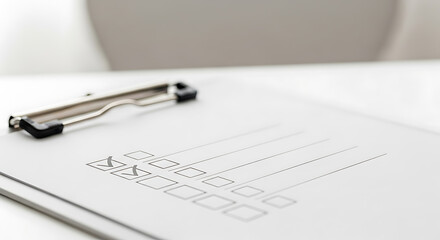 Completed checklist on clipboard, on white surface, clean and minimal, success and organization
