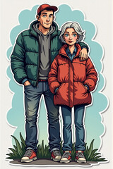 Man and a woman are standing next to each other, both wearing jackets. The man is wearing a green jacket and the woman is wearing a red jacket. They are both smiling