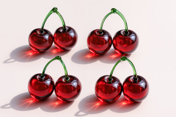 Four pairs of glass cherries on light surface with shadows