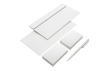 A minimalist stationery set featuring envelopes, notepads, and a pen, ideal for professional correspondence.
