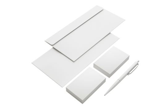 A minimalist stationery set featuring envelopes, notepads, and a pen, ideal for professional correspondence.