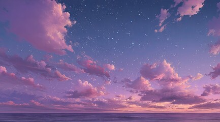 Naklejka premium Dreamy twilight seascape with a vast, star-studded purple and pink sky filled with fluffy clouds above a calm ocean horizon